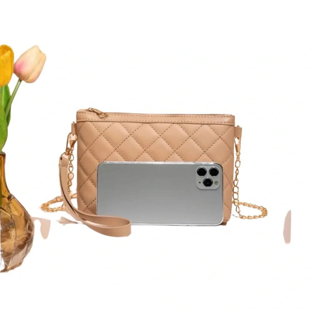 Khaki Quilted Crossbody Purse with Removable Gold Chain